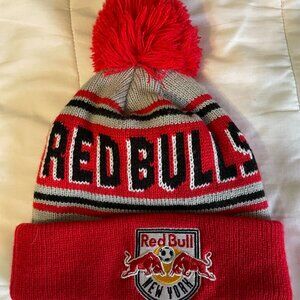 RED BULLS New York soccer beanie with pom pom. UNISEX and one size fits most.